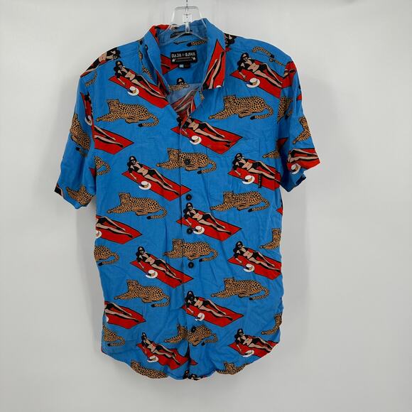 Baha Llama Mens Button Up Shirt Size S Cheetah Bathing Beauties Novelty Kitsch - Picture 1 of 10